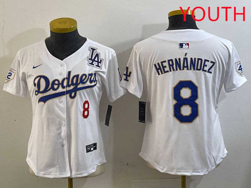 Youth Los Angeles Dodgers 8 Hernandez White Gold Game 2025 Nike MLB Jersey style 4